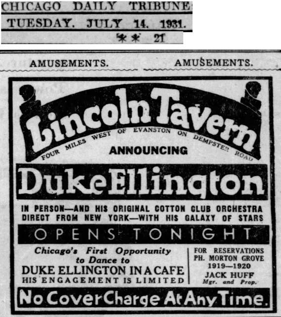 Lincoln Tavern opening night ad in Chicago Daily Tribune, July 14, 1931,p21