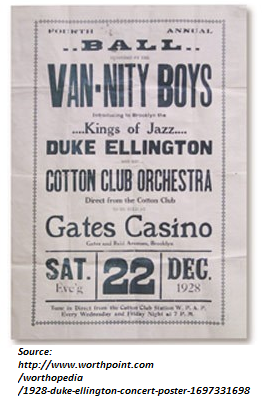 <b>FOURTH ANNUAL BALL</b><br>  <b>VAN-NITY BOYS</b><br>  Introducing to Brooklyn the<br>....<b>Kings of Jazz</b>....<br>  <b>DUKE ELLINGTON</b><br>  and his<br>  <b>COTTON CLUB ORCHESTRA</b><br>  <b>Direct from the Cotton Club</b><br>  [illegible]<br>    <b>Gates Casino</b><br> Gates and Reid Avenues, Brooklyn<br>    <b>SAT.</b> Eve'g    <b>22</b>    <b>DEC.</b>    1928  <br>  Tune in Direct from the Cotton Club Station W.P.A.P.<br>Every Wednesday and Friday Night at 7 P.M.