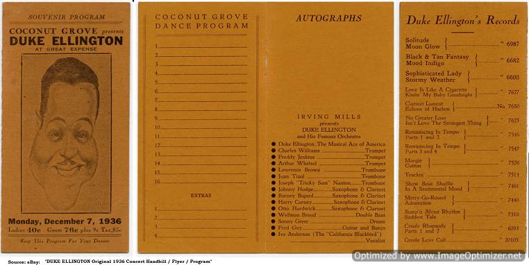 Coconut Grove souvenir program with a Whiteman-like caricature of Duke on the front, a dance card on page two, space for autographs above a band member list on page three, and a list of various Ellington records on the last page.